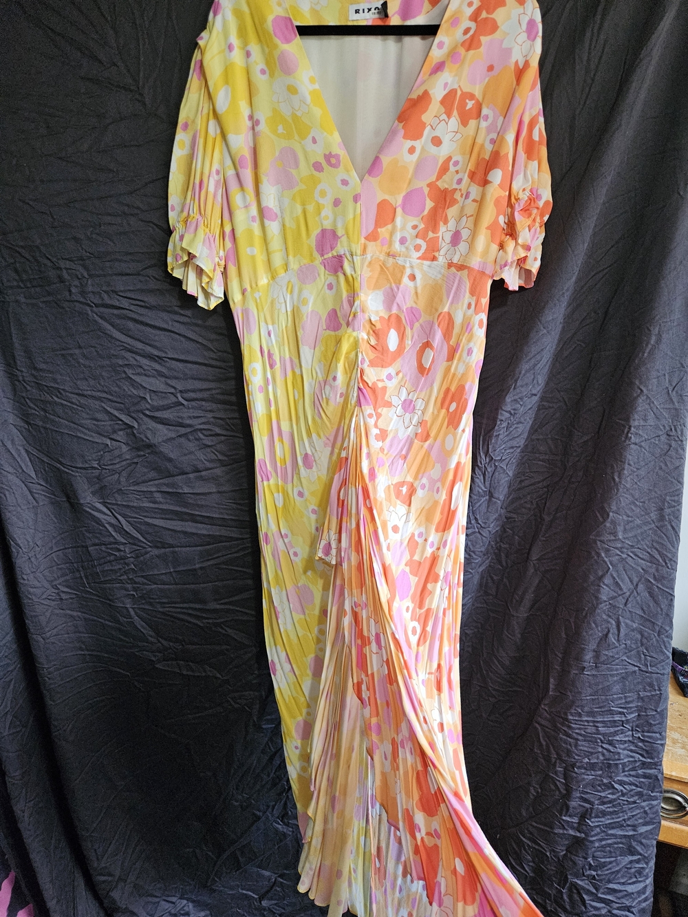 RIXO Floral Two-Tone Ruffle Maxi Dress in Yellow, Pink And Orange Size UK 20
